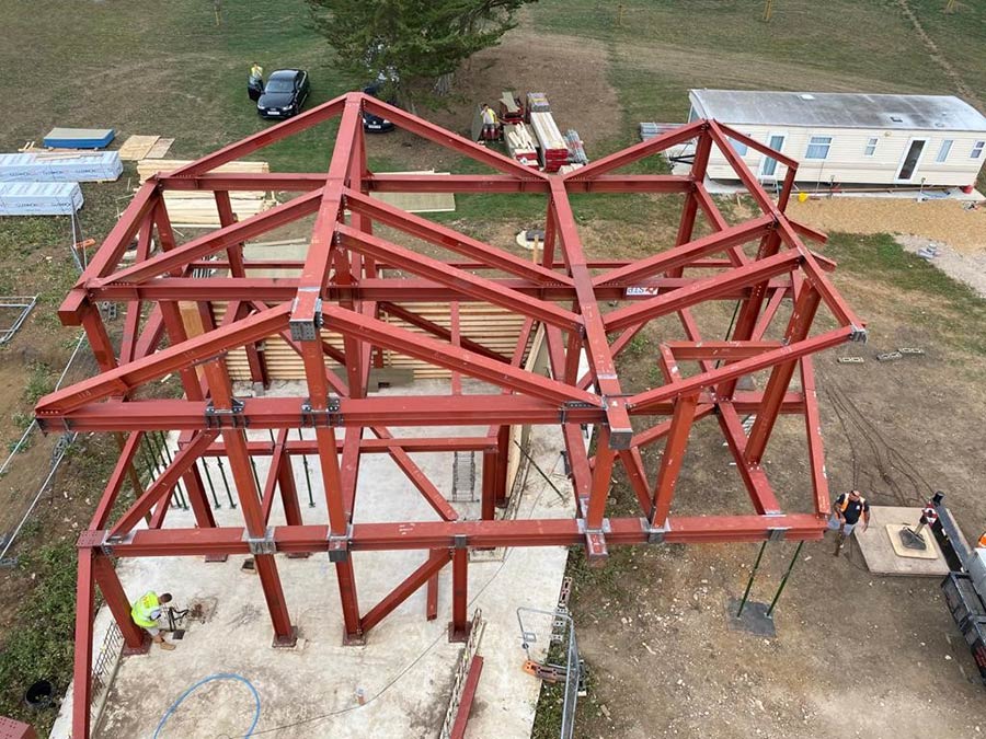 A view from above of the structural steel beams holding the Grand Designs house together that AJN Steelstock supplied steel for