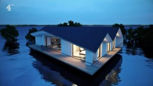 A computer generated image of the Grand Designs house that AJN Steelstock supplied steel for, but showing what it would look like flooded