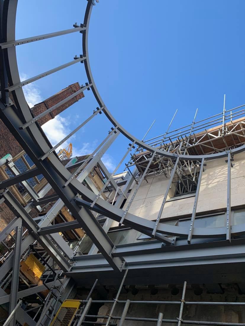 A view from below the St Catharine’s College steel structure which will eventually be a dining hall with a roof lantern, steel supplied by AJN Steelstock