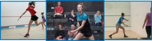 Emma Bartley playing squash for England sponsored by AJN Steelstock