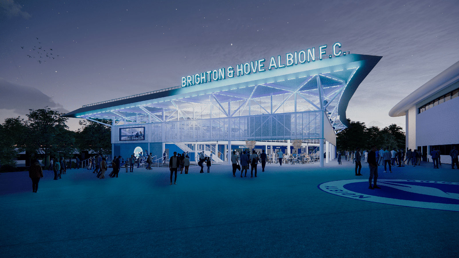 brighton-fan-zone-east-sussex-hove-albion-american-express-stadium-5 A CGI image showing Brighton and Hove Albion's new fan zone at night, lit up with people milling around outside